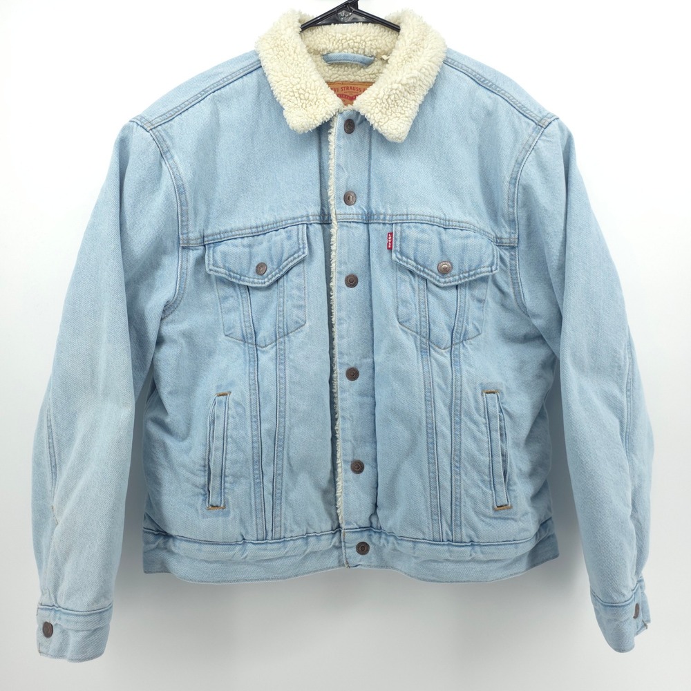 Levi's Sherpa Trucker Women XL Denim Jacket Light Blue 36137-0058 Faux Fur